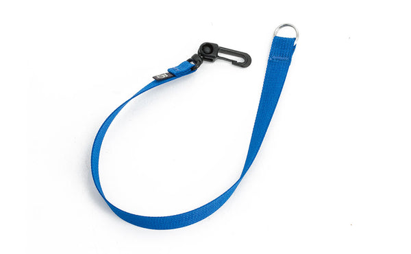 A 16-inch Island (blue) Key Strap with a snaphook at one end and a split-ring o-ring at the other.